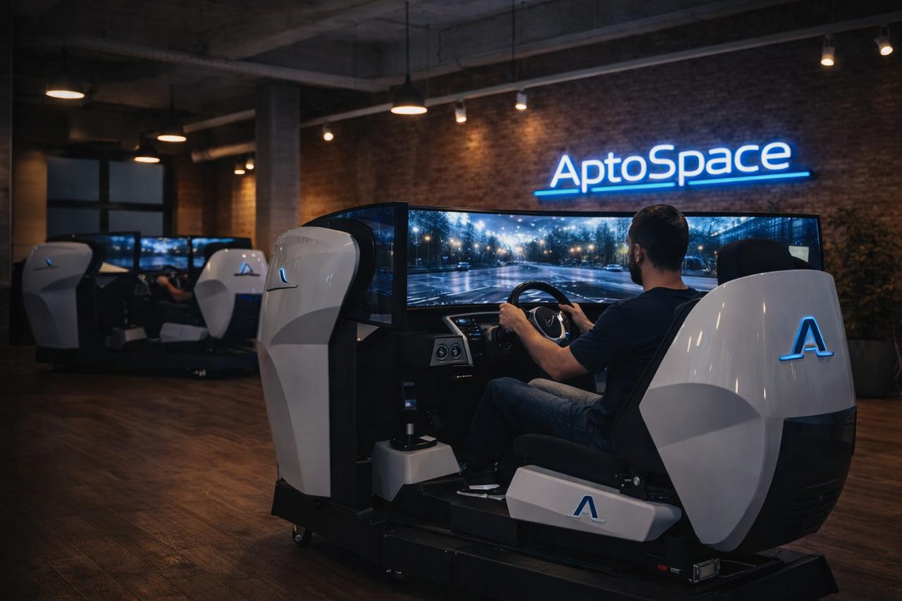 Simulador de conducción con plataforma de movimiento real en AptoSpace Barcelona
